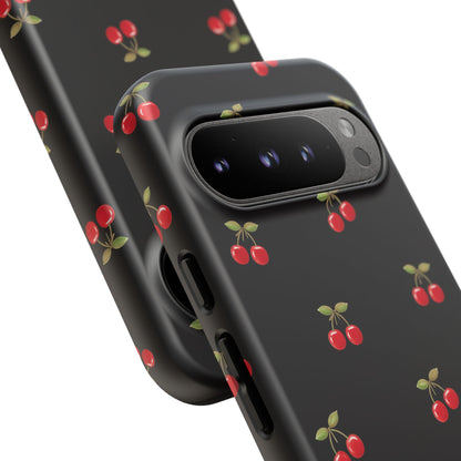 Cherry Pattern Phone Case — Slim Black Protective iPhone Case with Red Cherries for Iphone, Samsung Galaxy and Pixel