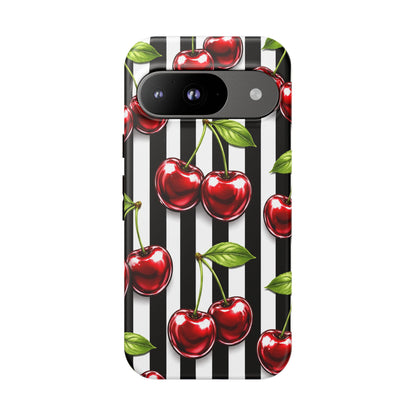 Cherry Pattern Phone Case Black White Stripe Retro Aesthetic Tough Cover