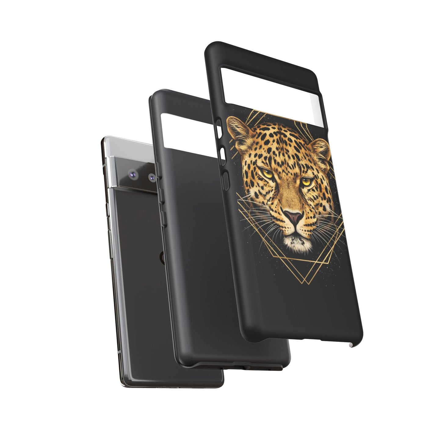 Leopard Head Geometric Phone Case – Black & Gold Luxe Tough Case