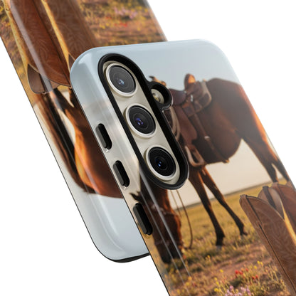 Western Cowboy Boots Phone Case – Rustic Horse Sunset Tough Case (iPhone, Samsung, Pixel)