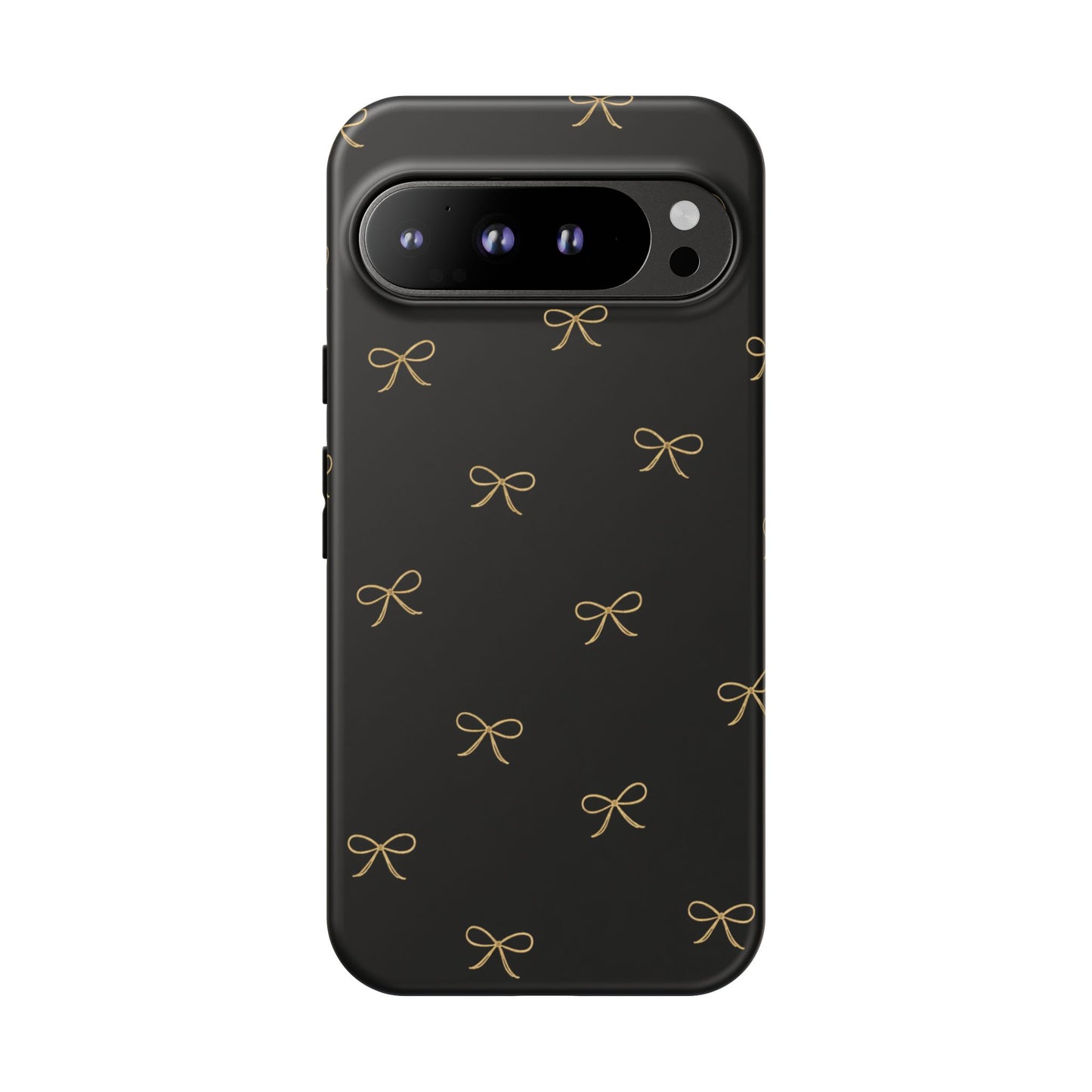 Black Phone Case with Gold Bow Pattern – Slim Protective Cute Aesthetic Cover for Iphone, Samsung Galaxy and Pixel