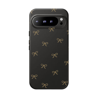 Black Phone Case with Gold Bow Pattern – Slim Protective Cute Aesthetic Cover for Iphone, Samsung Galaxy and Pixel