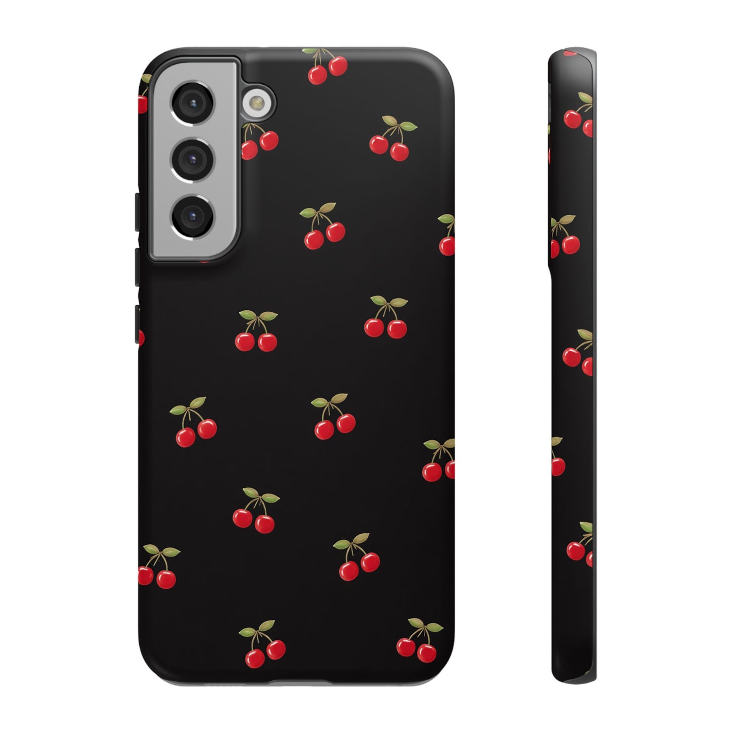 Cherry Pattern Phone Case — Slim Black Protective iPhone Case with Red Cherries for Iphone, Samsung Galaxy and Pixel