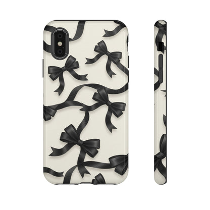 Black Ribbon Bow Phone Case, Minimal Bow Pattern Tough Protective Case