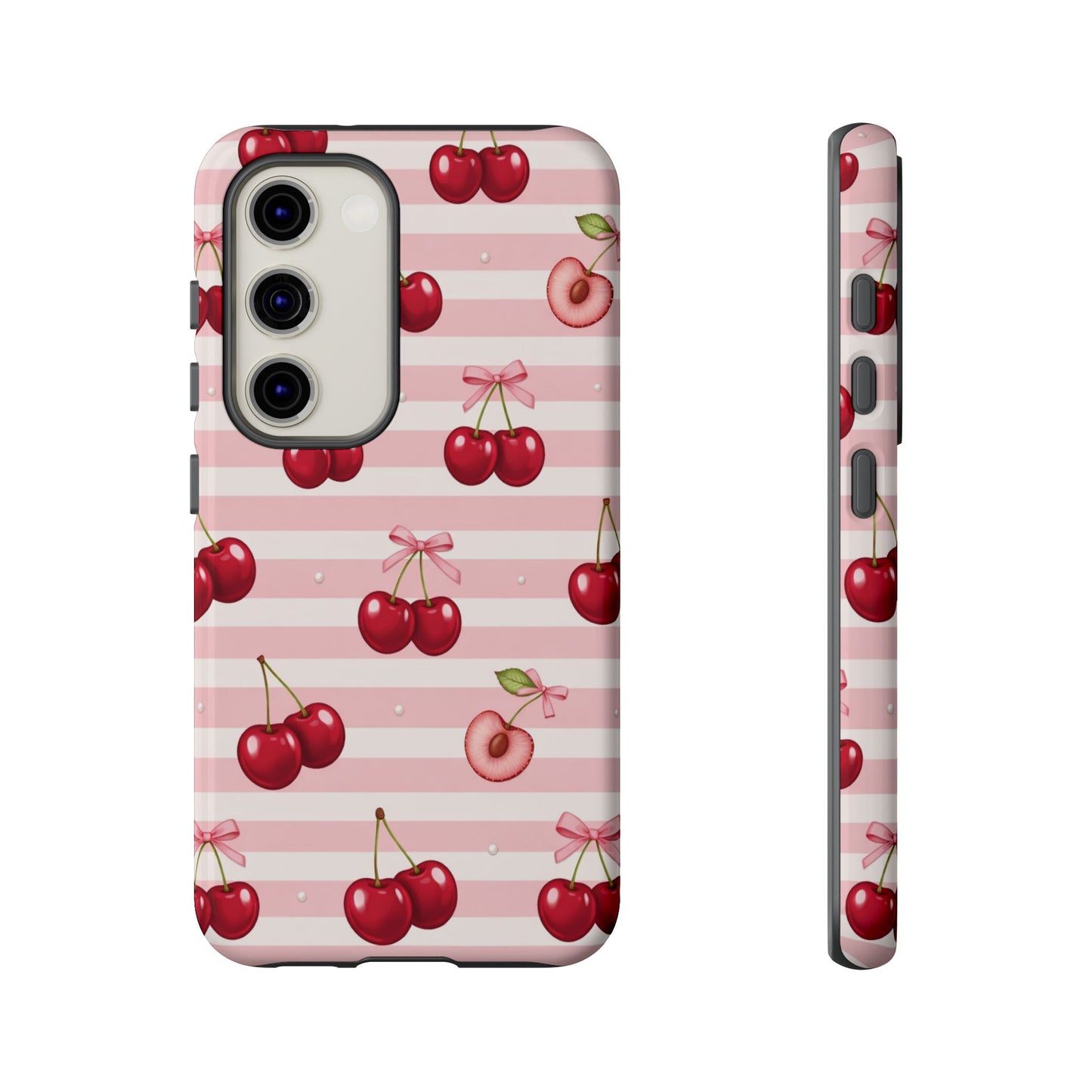 Coquette Cherry Bow Phone Case | Cute Pink Aesthetic Cherry Pattern Tough Case for iPhone & Samsung