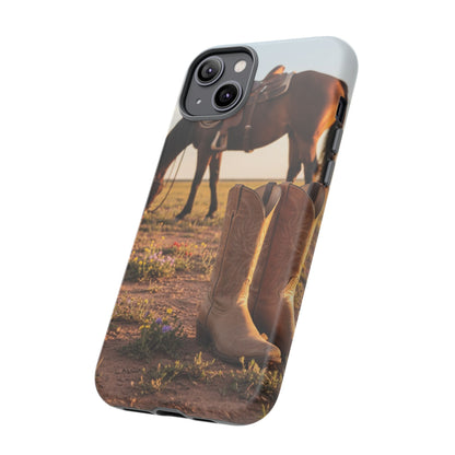 Western Cowboy Boots Phone Case – Rustic Horse Sunset Tough Case (iPhone, Samsung, Pixel)