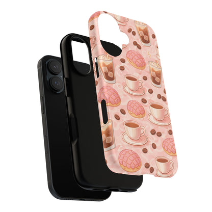 Cute Coffee & Pink Concha Phone Case – Coffee Lover Aesthetic Latte Pattern Tough Case