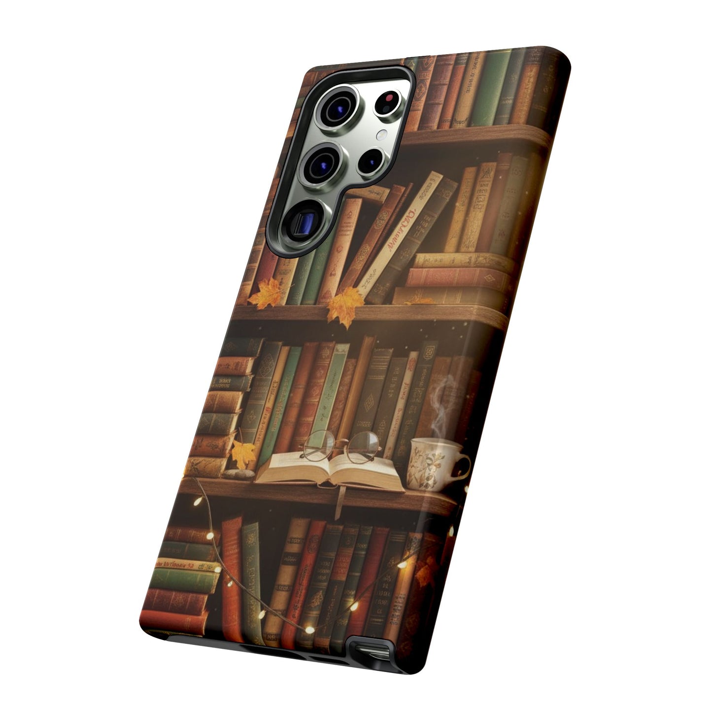 Cozy Vintage Bookshelf Phone Case, Library Aesthetic Book Stack, Autumn Coffee Vibes (iPhone, Samsung, Pixel)