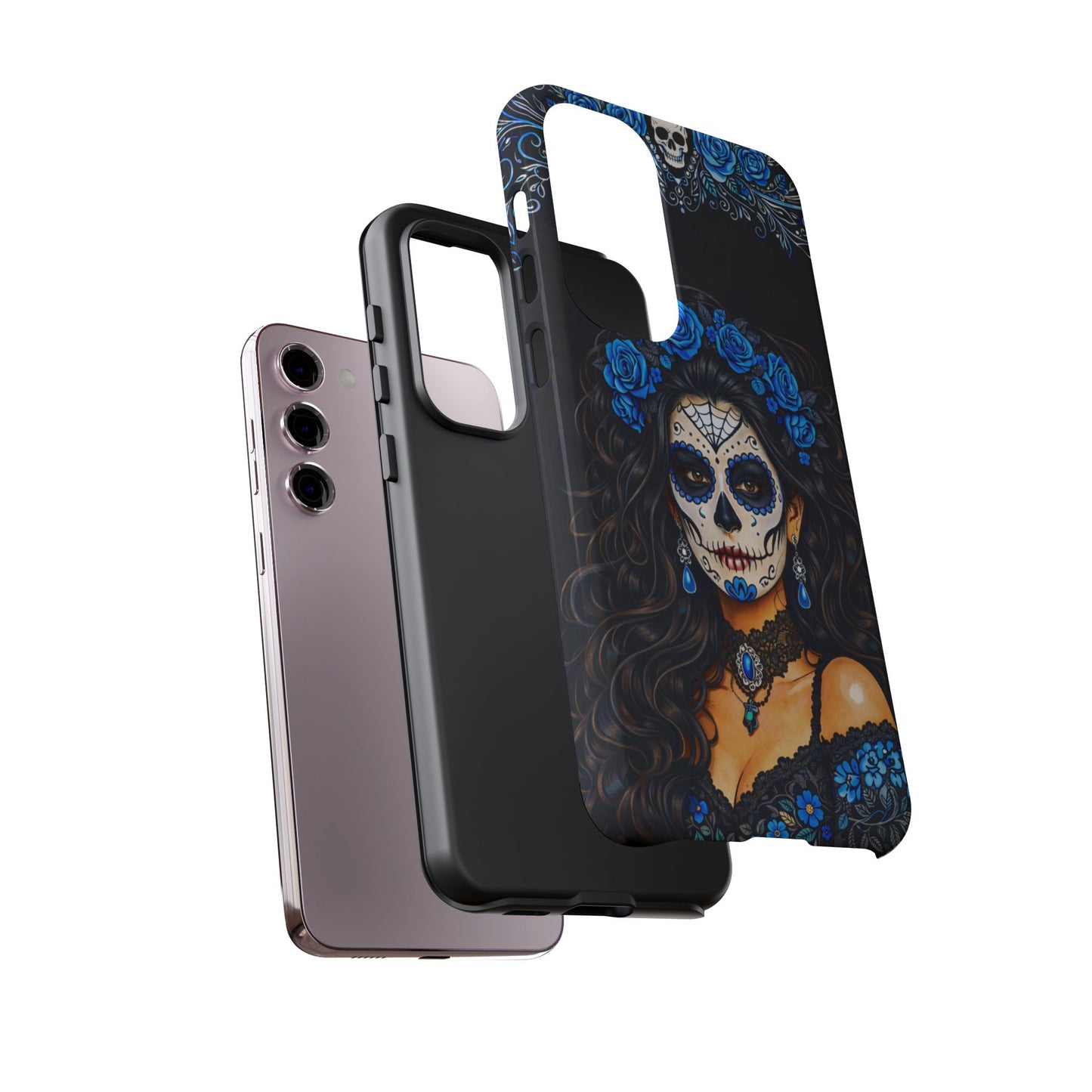 Blue Sugar Skull Woman Phone Case – Day of the Dead Aesthetic Tough Cover