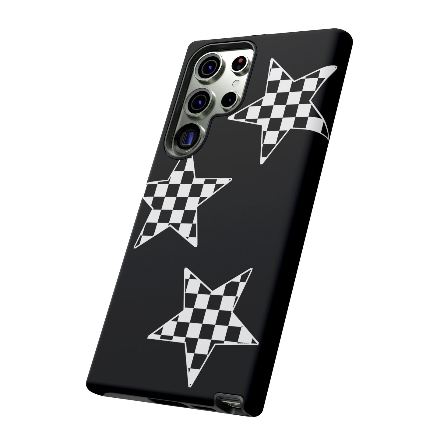 Checkered Star Tough Phone Case – Black Retro Graphic Protective Cover for Iphone, Samsung Galaxy and Pixel