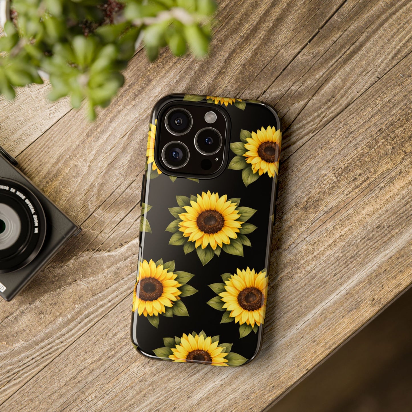 Sunflower Floral Tough Phone Case – Black Background Protective Cover for Iphone, Samsung Galaxy and Pixel