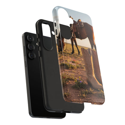 Western Cowboy Boots Phone Case – Rustic Horse Sunset Tough Case (iPhone, Samsung, Pixel)