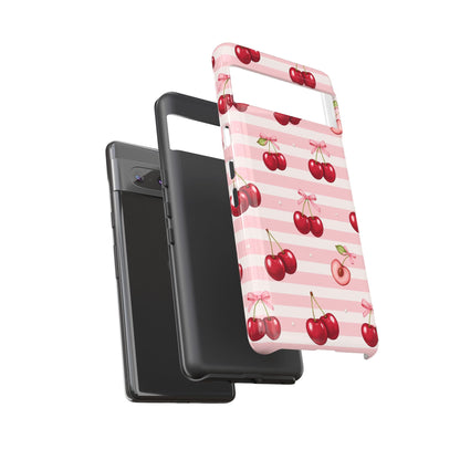 Coquette Cherry Bow Phone Case | Cute Pink Aesthetic Cherry Pattern Tough Case for iPhone & Samsung