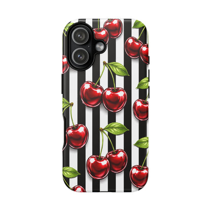 Cherry Pattern Phone Case Black White Stripe Retro Aesthetic Tough Cover