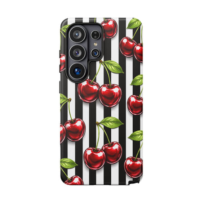 Cherry Pattern Phone Case Black White Stripe Retro Aesthetic Tough Cover