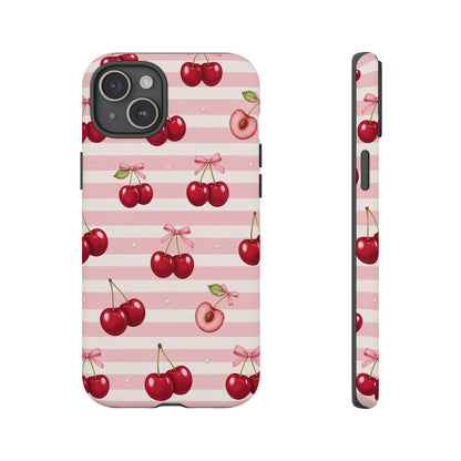 Coquette Cherry Bow Phone Case | Cute Pink Aesthetic Cherry Pattern Tough Case for iPhone & Samsung