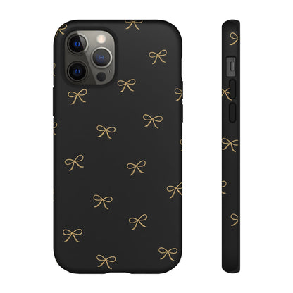 Black Phone Case with Gold Bow Pattern – Slim Protective Cute Aesthetic Cover for Iphone, Samsung Galaxy and Pixel