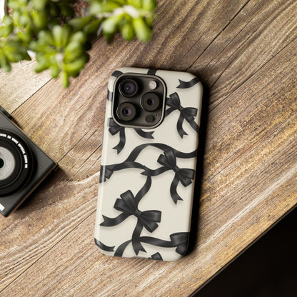Black Ribbon Bow Phone Case, Minimal Bow Pattern Tough Protective Case