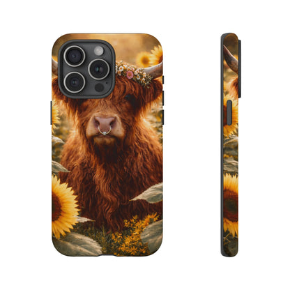 Highland Cow Sunflower Phone Case | Floral Farmhouse iPhone, Samsung Galaxy and Pixel Cover