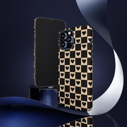 Checkerboard Heart Phone Case – Black & Beige Cute Aesthetic Protective Cover for Iphone, Samsung Galaxy and Pixel