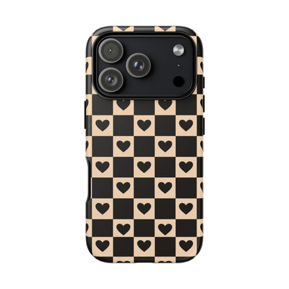 Checkerboard Heart Phone Case – Black & Beige Cute Aesthetic Protective Cover for Iphone, Samsung Galaxy and Pixel