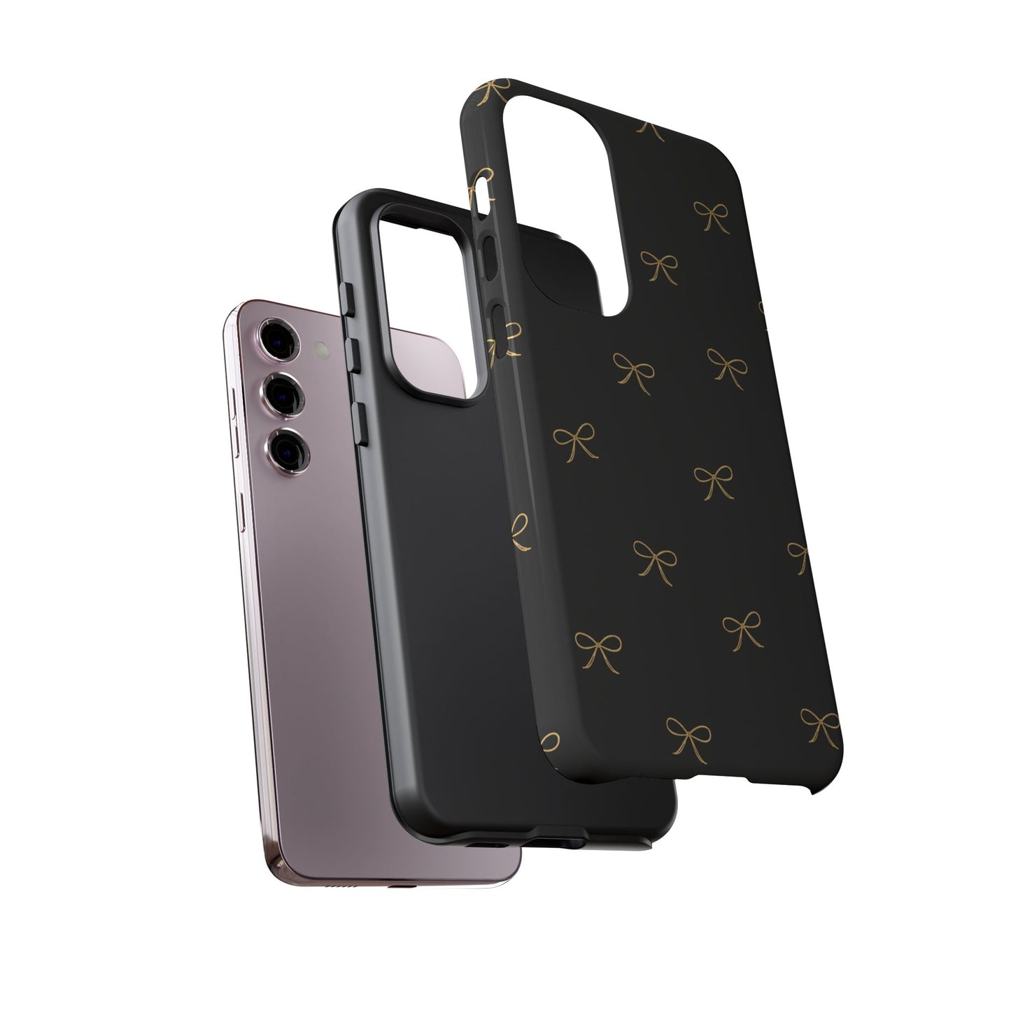 Black Phone Case with Gold Bow Pattern – Slim Protective Cute Aesthetic Cover for Iphone, Samsung Galaxy and Pixel