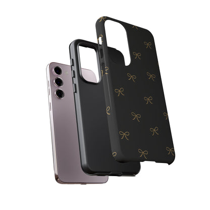 Black Phone Case with Gold Bow Pattern – Slim Protective Cute Aesthetic Cover for Iphone, Samsung Galaxy and Pixel