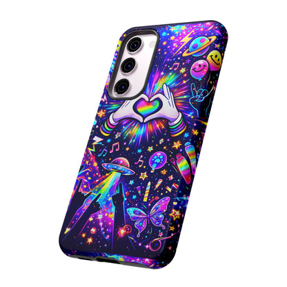 Rainbow Heart Hands Phone Case – Neon Galaxy EDM Festival Tough Cover