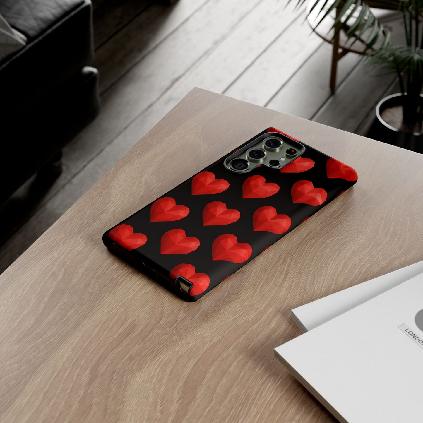 Red Heart Phone Case – Geometric Heart Pattern Tough Case (Black)