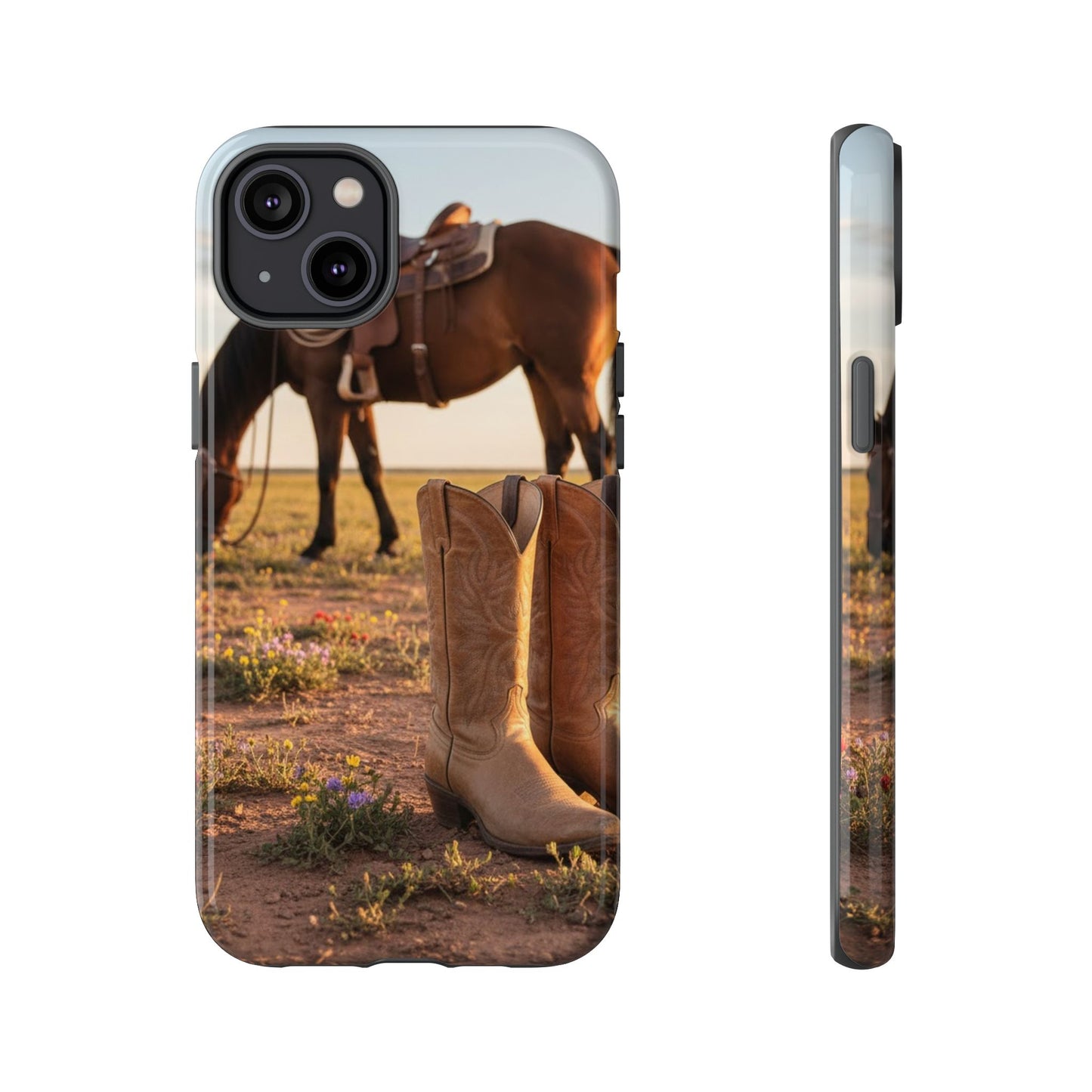 Western Cowboy Boots Phone Case – Rustic Horse Sunset Tough Case (iPhone, Samsung, Pixel)