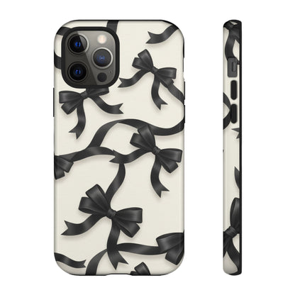 Black Ribbon Bow Phone Case, Minimal Bow Pattern Tough Protective Case