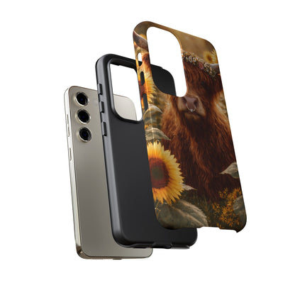 Highland Cow Sunflower Phone Case | Floral Farmhouse iPhone, Samsung Galaxy and Pixel Cover