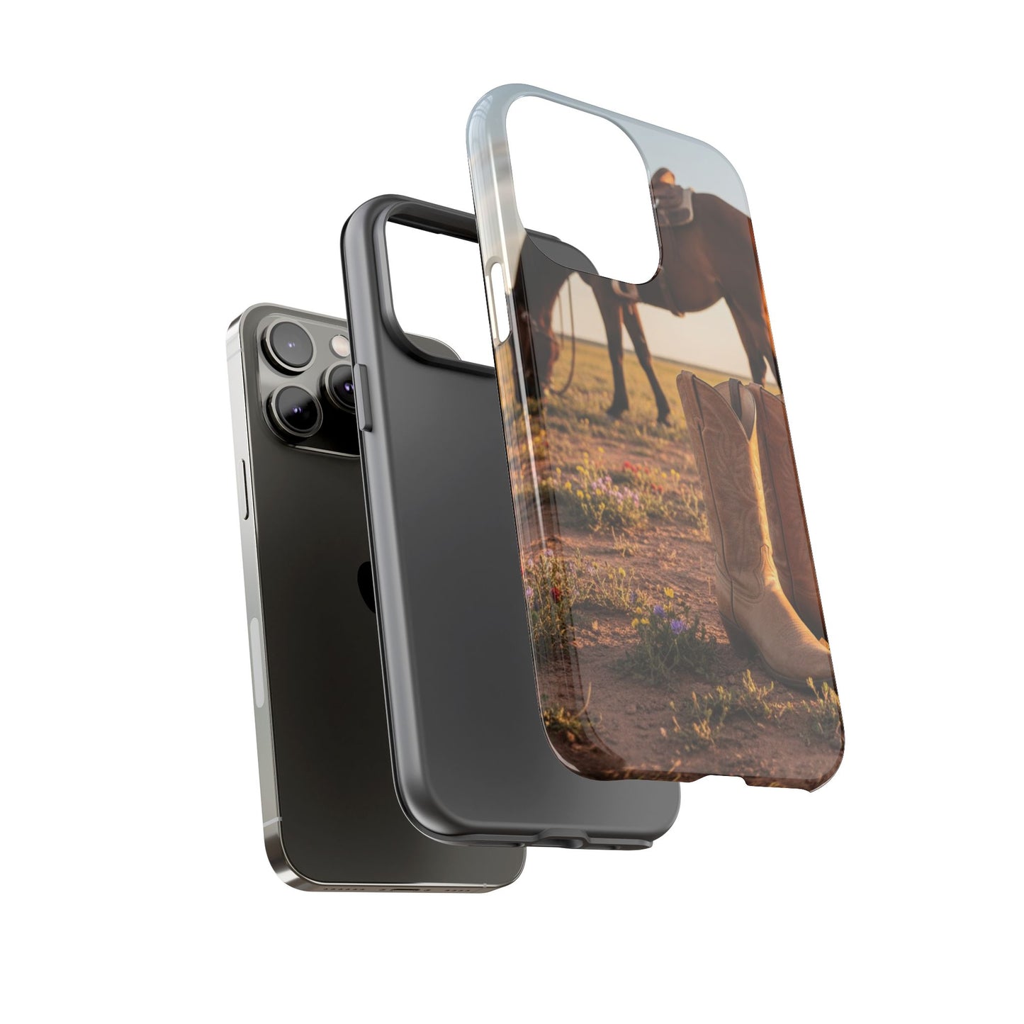 Western Cowboy Boots Phone Case – Rustic Horse Sunset Tough Case (iPhone, Samsung, Pixel)