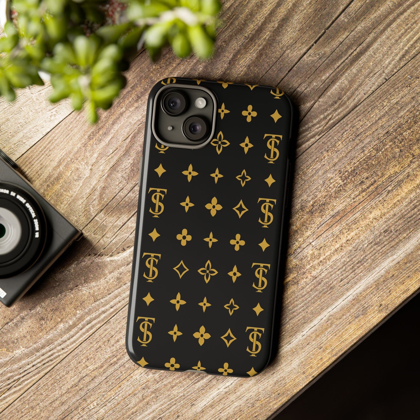 Gold Monogram Pattern Tough Phone Case | Black & Gold Luxury Design for Iphone, Samsung Galaxy and Pixel