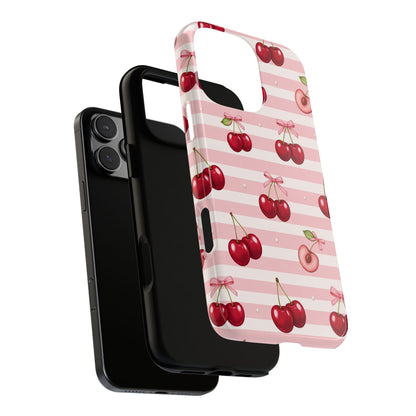 Coquette Cherry Bow Phone Case | Cute Pink Aesthetic Cherry Pattern Tough Case for iPhone & Samsung