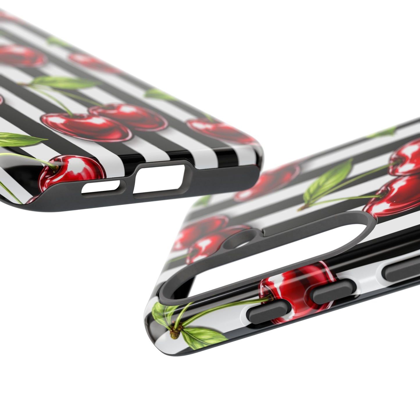 Cherry Pattern Phone Case Black White Stripe Retro Aesthetic Tough Cover