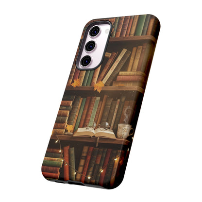 Cozy Vintage Bookshelf Phone Case, Library Aesthetic Book Stack, Autumn Coffee Vibes (iPhone, Samsung, Pixel)