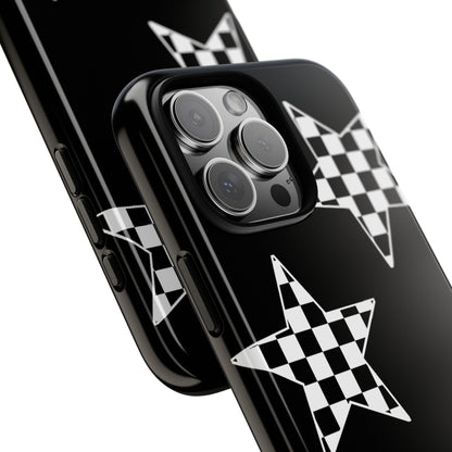 Checkered Star Tough Phone Case – Black Retro Graphic Protective Cover for Iphone, Samsung Galaxy and Pixel