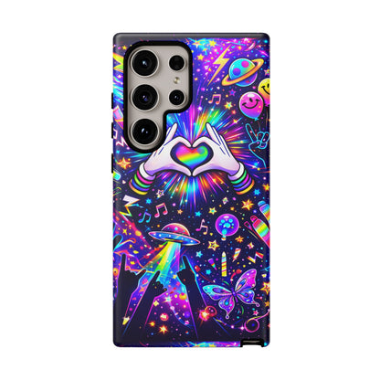 Rainbow Heart Hands Phone Case – Neon Galaxy EDM Festival Tough Cover