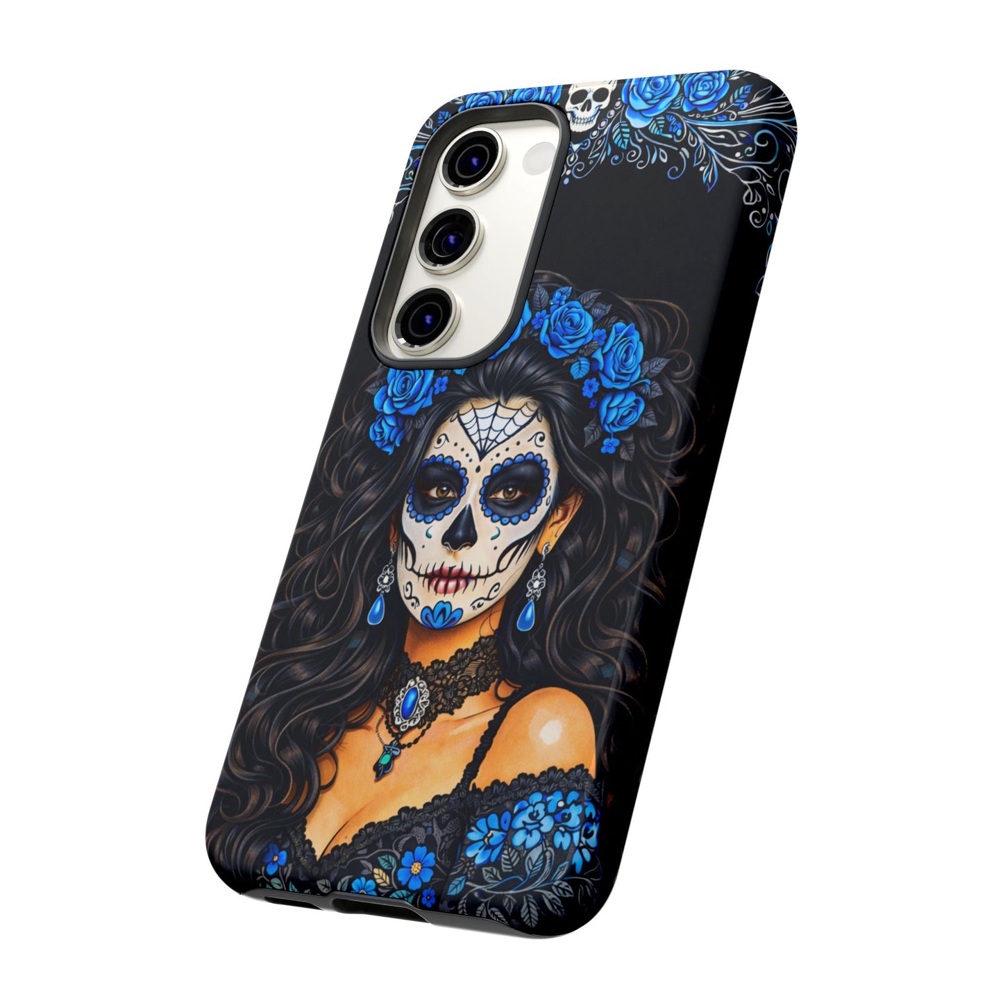 Blue Sugar Skull Woman Phone Case – Day of the Dead Aesthetic Tough Cover
