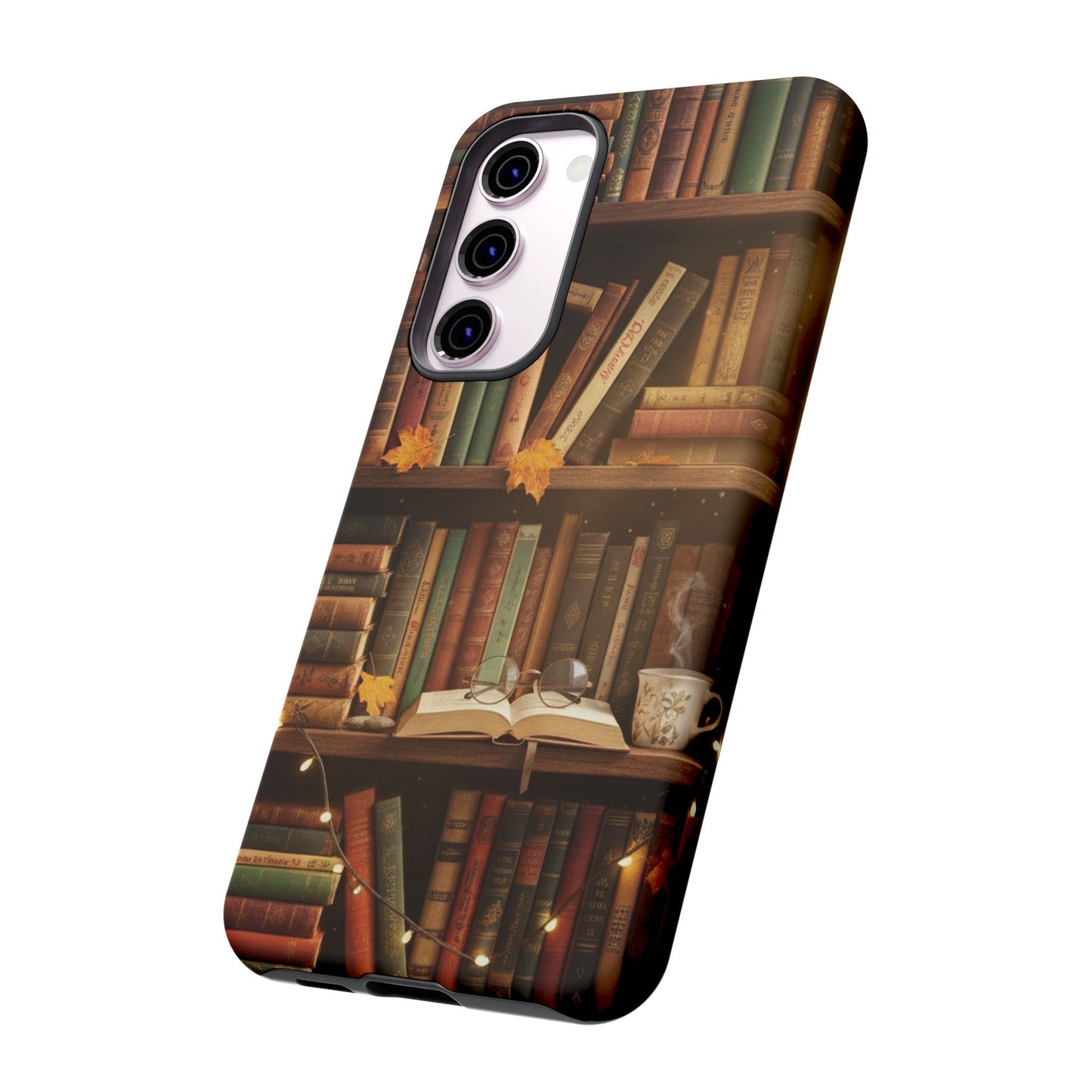 Cozy Vintage Bookshelf Phone Case, Library Aesthetic Book Stack, Autumn Coffee Vibes (iPhone, Samsung, Pixel)