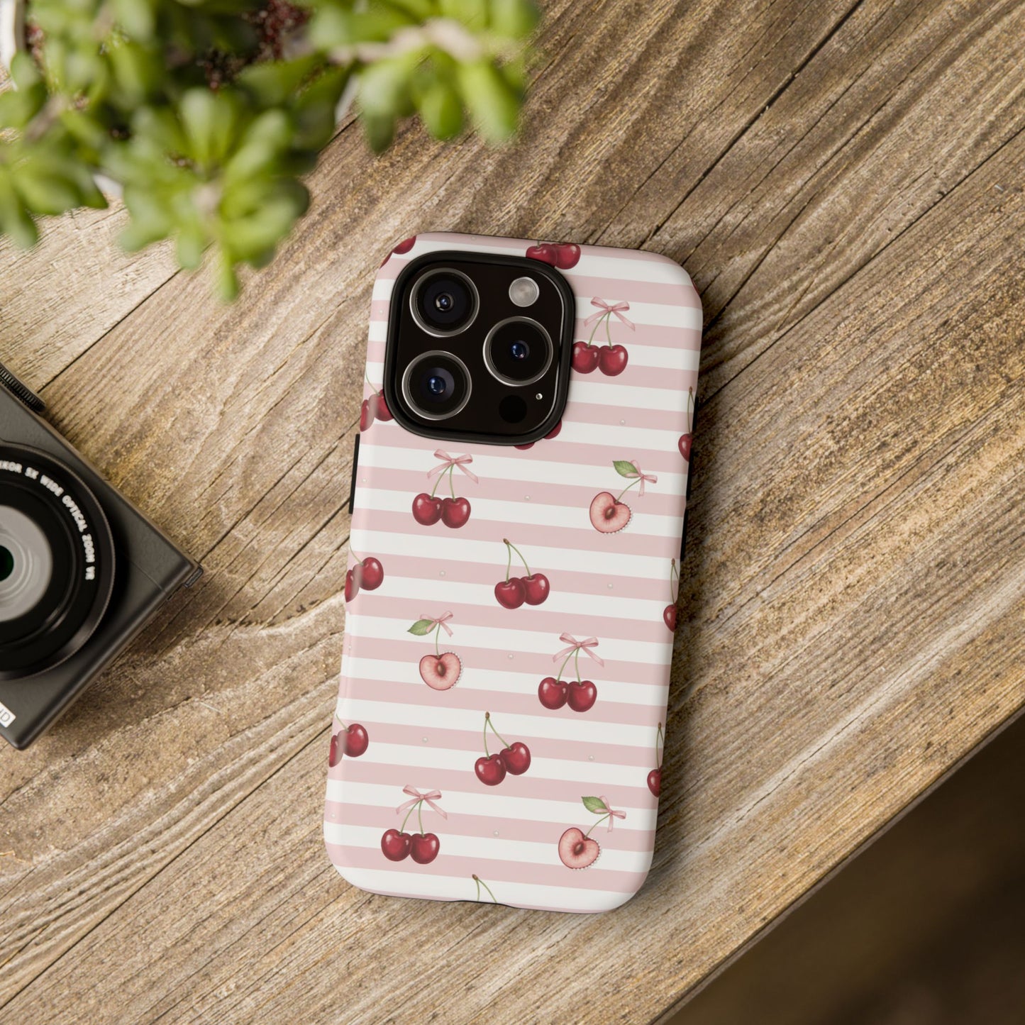 Pink Cherry Stripe Phone Case | Cute Coquette Aesthetic Protective Tough Case