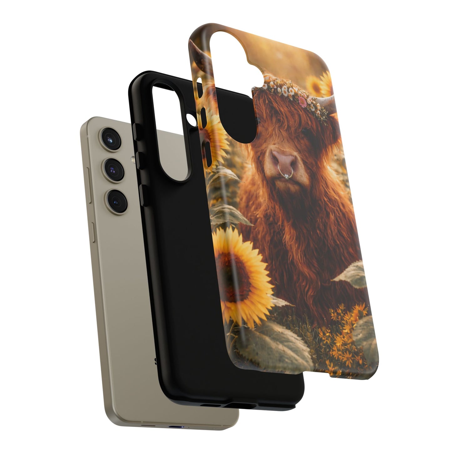 Highland Cow Sunflower Phone Case | Floral Farmhouse iPhone, Samsung Galaxy and Pixel Cover