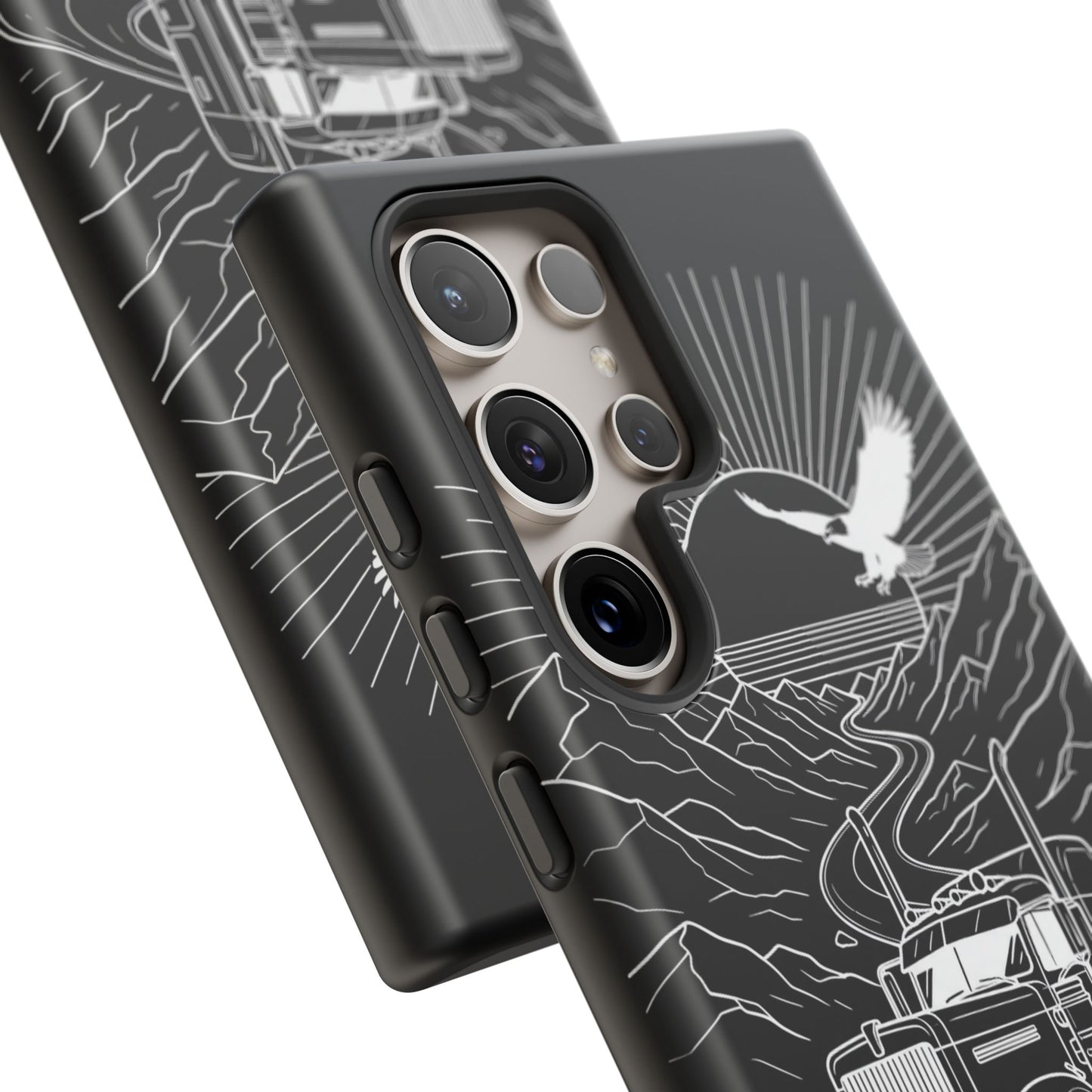Trucker Highway Phone Case | Eagle & Mountain Line Art | Black Western Tough Case