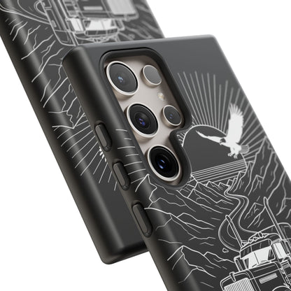 Trucker Highway Phone Case | Eagle & Mountain Line Art | Black Western Tough Case