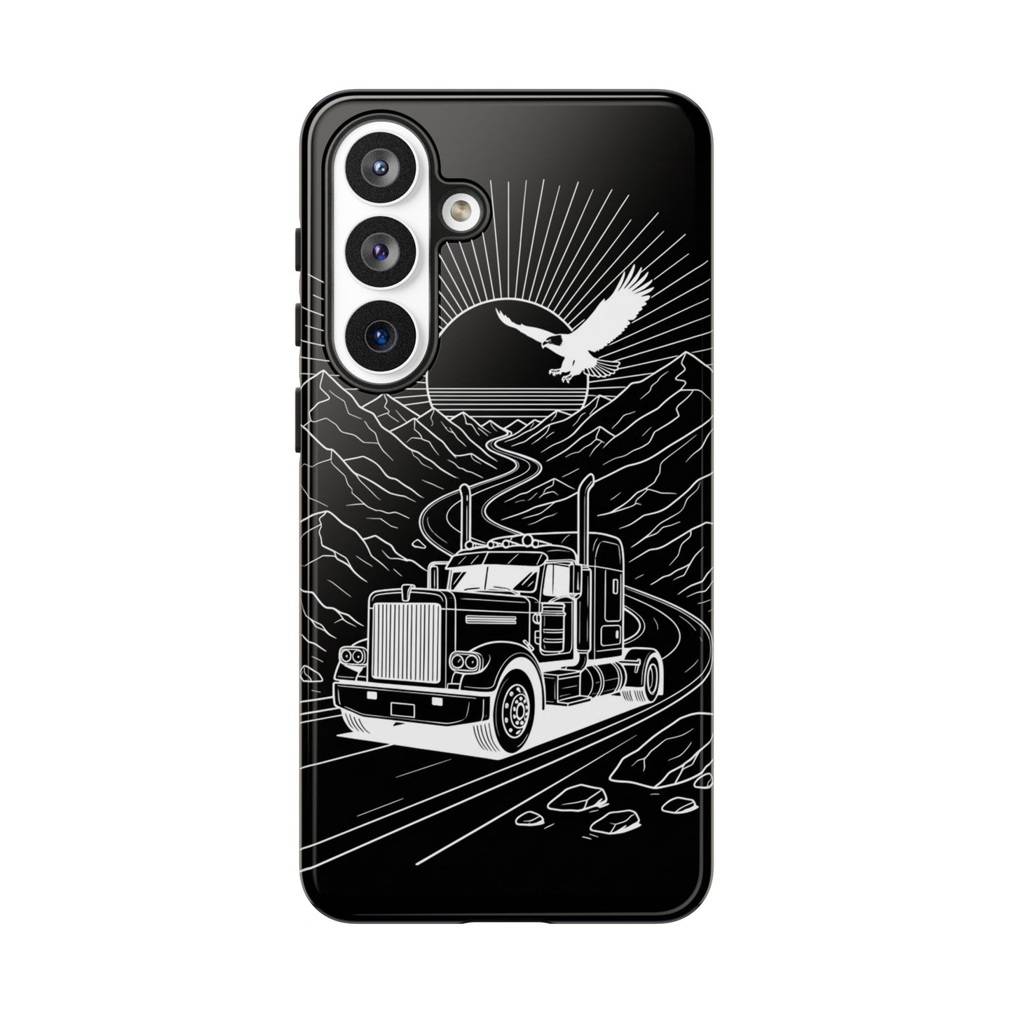 Trucker Highway Phone Case | Eagle & Mountain Line Art | Black Western Tough Case
