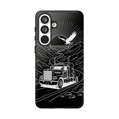 Trucker Highway Phone Case | Eagle & Mountain Line Art | Black Western Tough Case