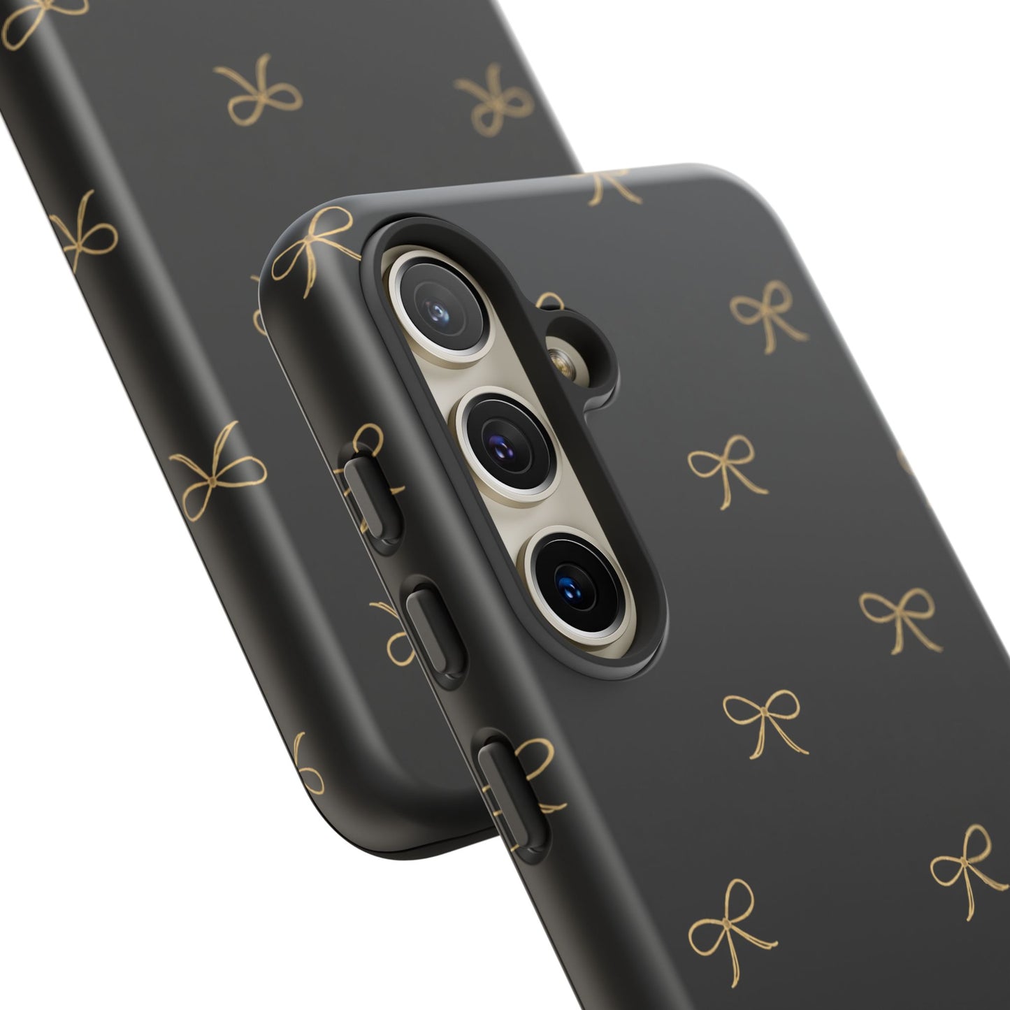 Black Phone Case with Gold Bow Pattern – Slim Protective Cute Aesthetic Cover for Iphone, Samsung Galaxy and Pixel