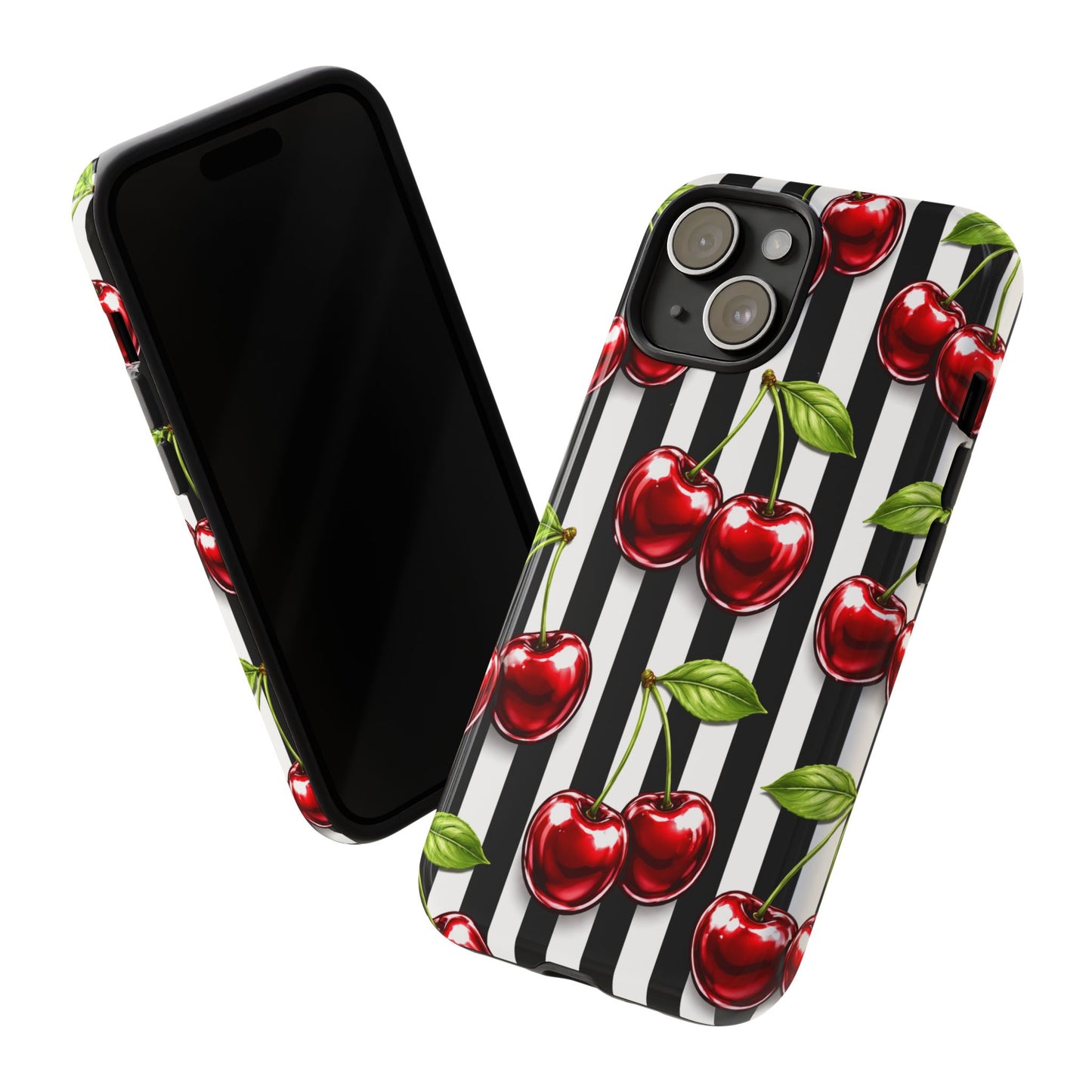 Cherry Pattern Phone Case Black White Stripe Retro Aesthetic Tough Cover