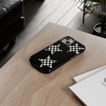 Checkered Star Tough Phone Case – Black Retro Graphic Protective Cover for Iphone, Samsung Galaxy and Pixel